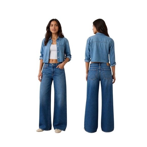 American Eagle Outfitters Denim - American Eagle Low Rise Baggy Wide Leg Jeans Comfort Stretch Blue Denim Sz 14